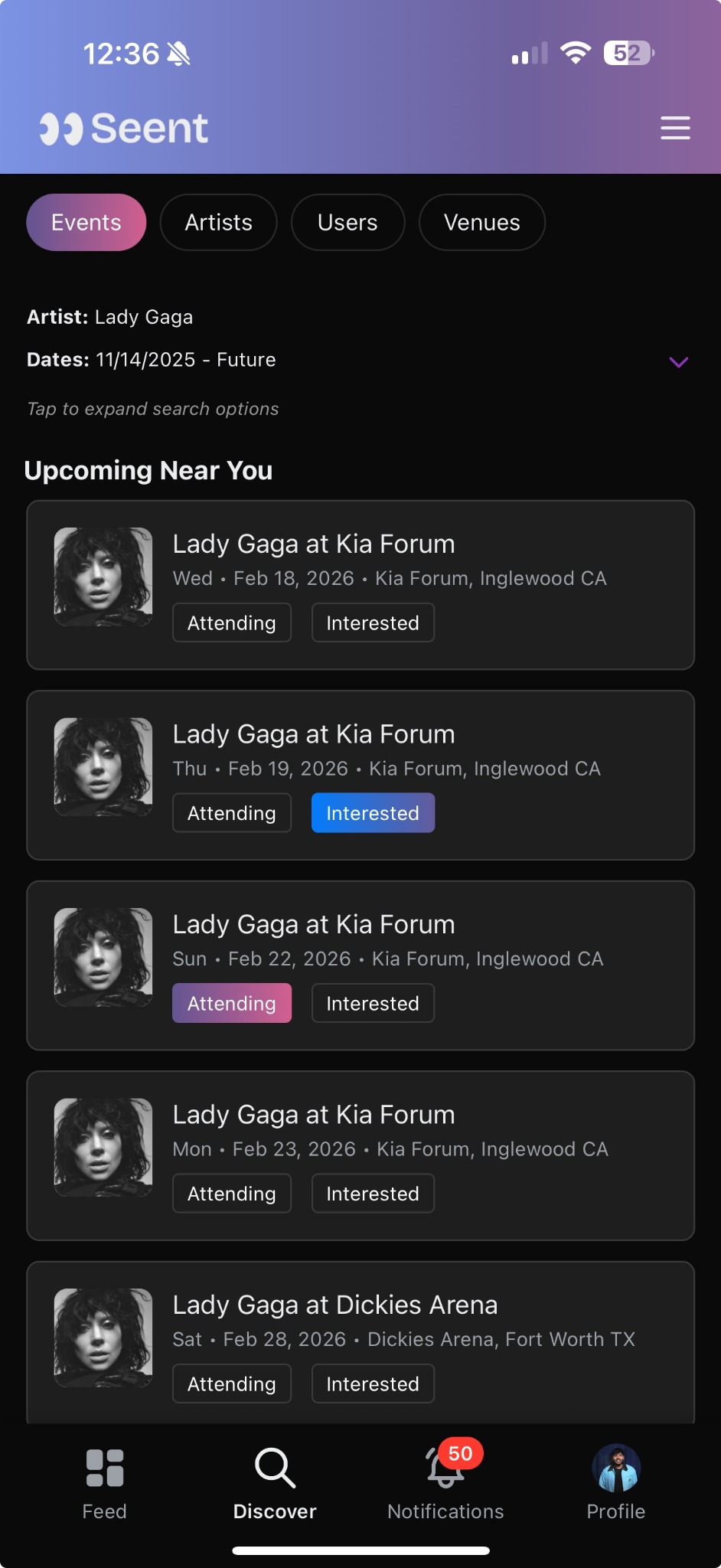 Seent discover concerts screen